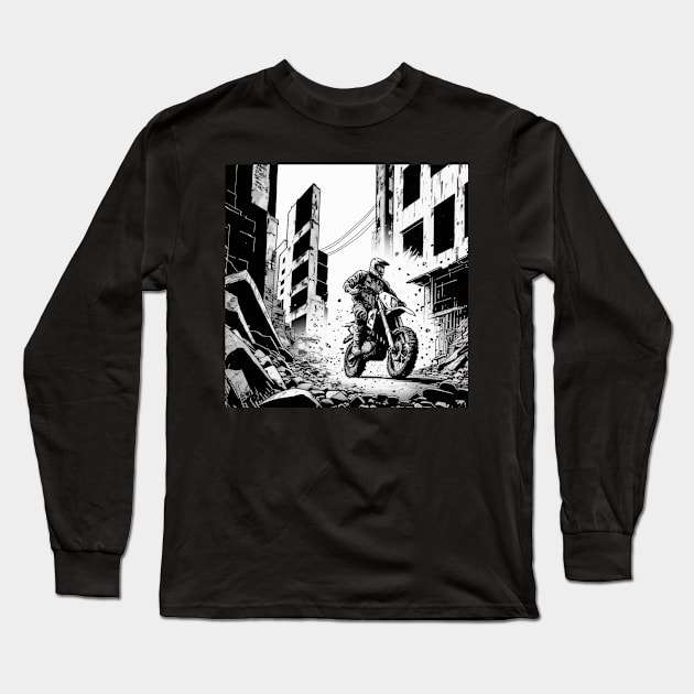 Dirt bike city ruin - black and white Long Sleeve T-Shirt by KoolArtDistrict